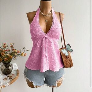 Pink Tie Front Halter Top